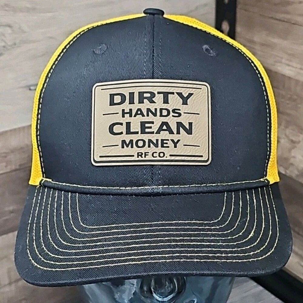 DIRTY HANDS CLEAN MONEY RF CO. Trucker Hat Cap Black/Gold Leather Patch